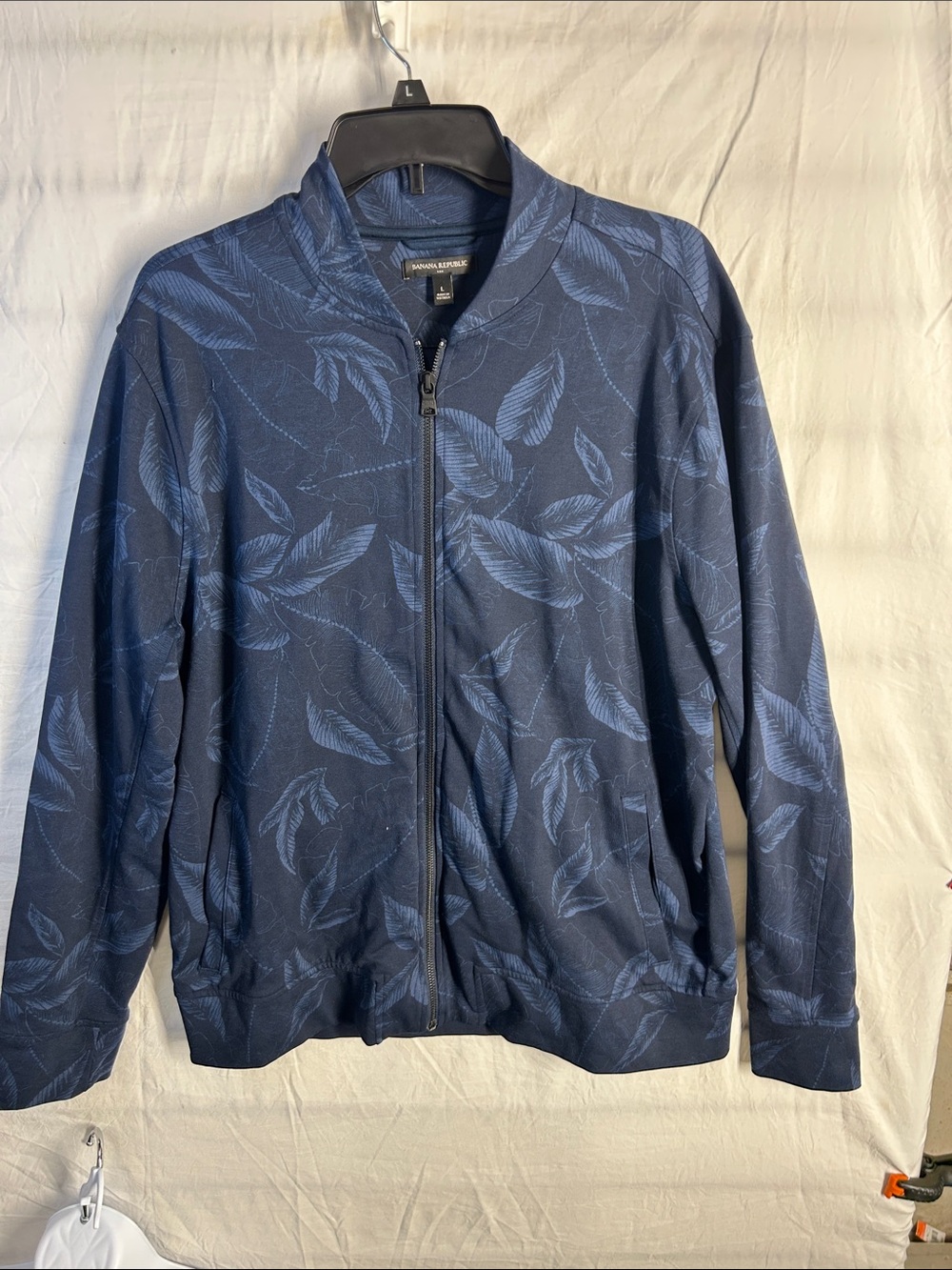 Banana Republic Navy Leaf-Print Full-Zip Sweater Jacket